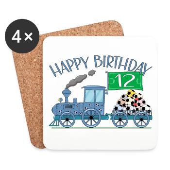 Children's Train Railway Happy Birthday Football 12 - Coasters (set of 4) - white - Front