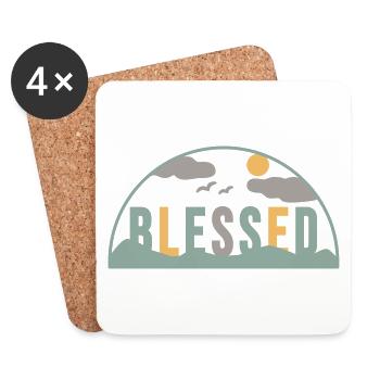 "Blessed" Schriftzug mit Bergpanorama (Boho Stil) - Untersetzer (4er-Set) - Weiß - Vorne