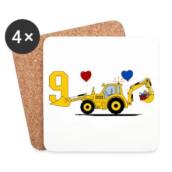 9. Geburtstag Bagger Traktor - Untersetzer (4er-Set) - Weiß - Vorne