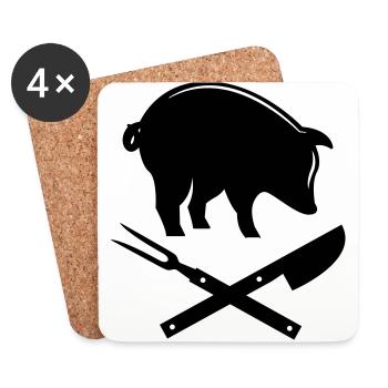 Grillen Gabel Messer Schwein Fleisch Steak Meister - Untersetzer (4er-Set) - Weiß - Vorne