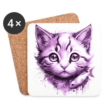 Purple Kitten with fish - Coasters (set of 4) - white - Front