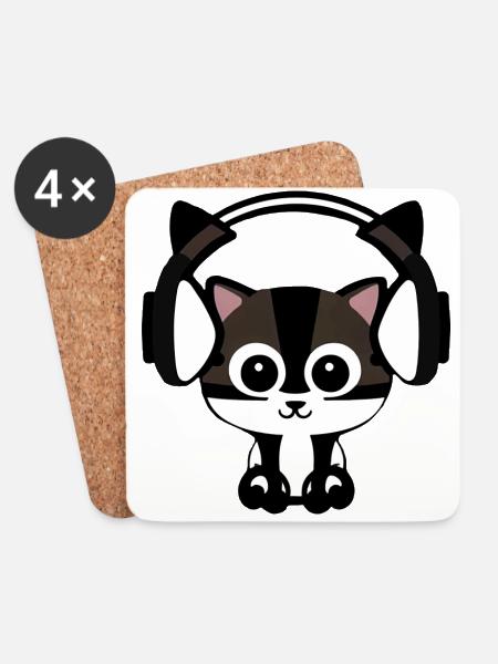 Melodische Samtpfote: Katze mit Headset - Untersetzer (4er-Set) - Weiß