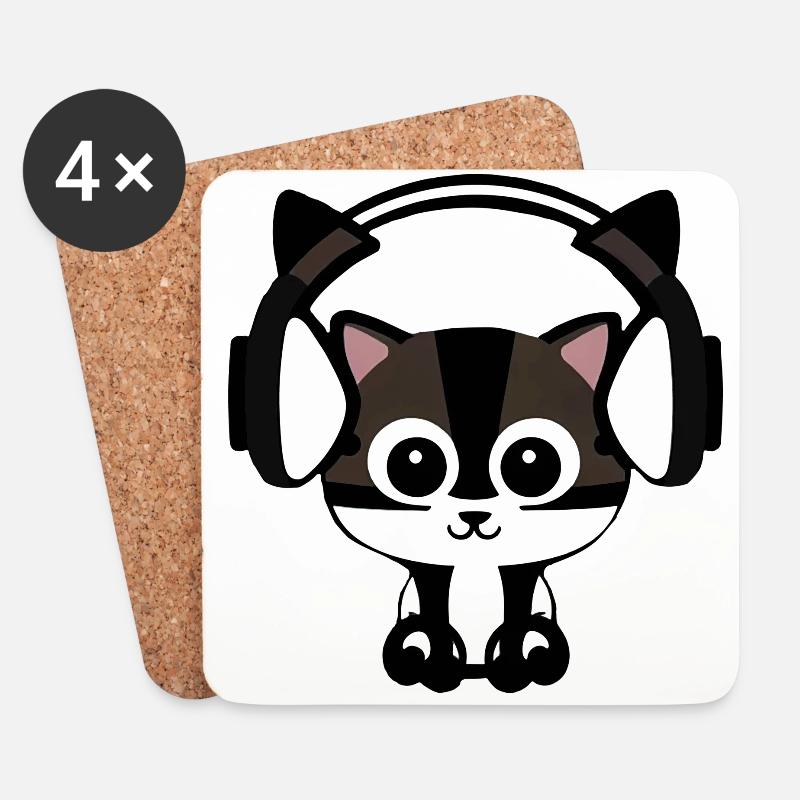 Melodische Samtpfote: Katze mit Headset - Untersetzer (4er-Set) - Weiß