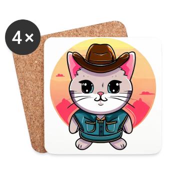 Chat kawaii en costume de cow-boy - Dessous de verre (lot de 4) - blanc - Devant