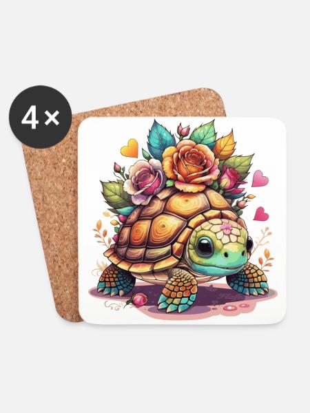 Süße Schildkröte zwischen den Rosen - Untersetzer (4er-Set) - Weiß