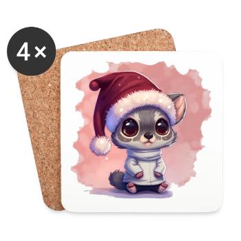 Chat de Noël, mignon et mignon avec une casquette - Dessous de verre (lot de 4) - blanc - Devant