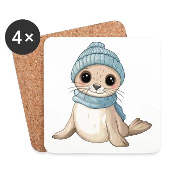 phoque mignon mignon bébé enfants animal dessin animé - Dessous de verre (lot de 4) - blanc - Devant