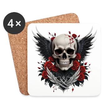 Geflügelter Totenkopf & rote Rosen, Gothic, Totenkopf - Untersetzer (4er-Set) - Weiß - Vorne