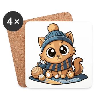 Chat mignon avec écharpe et chapeau à pompon. - Dessous de verre (lot de 4) - blanc - Devant
