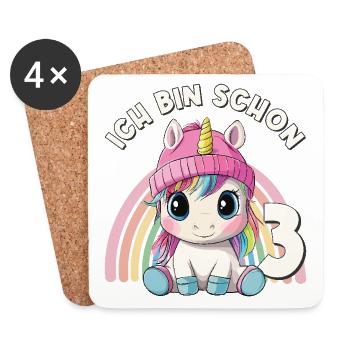 3ème anniversaire Licorne Arc-en-ciel Mignon Mignon - Dessous de verre (lot de 4) - blanc - Devant