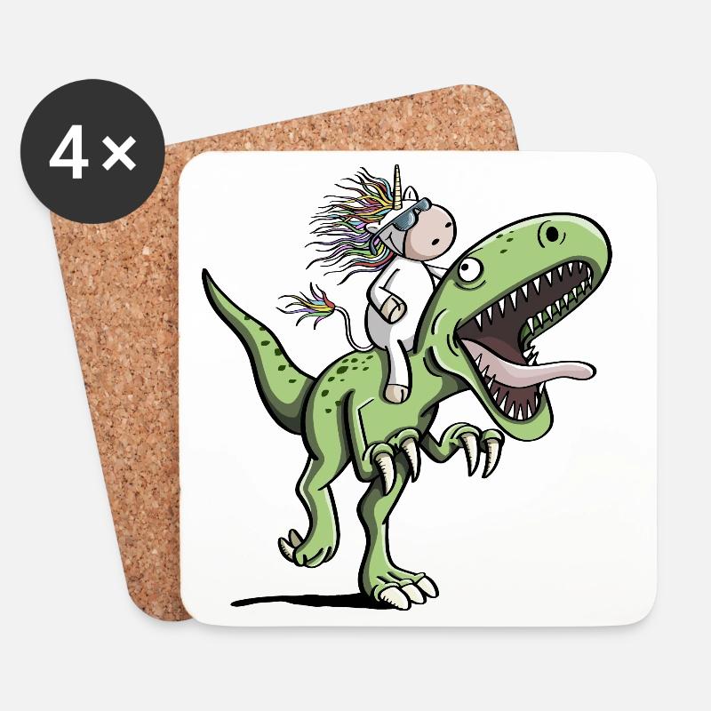 Einhorn reitet einen T-Rex Dinosaurier - Comic - Untersetzer (4er-Set) - Weiß