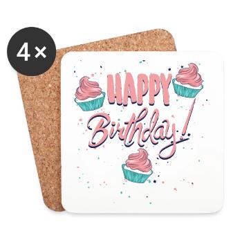 Happy Birthday mit Cupcakes - Untersetzer (4er-Set) - Weiß - Vorne