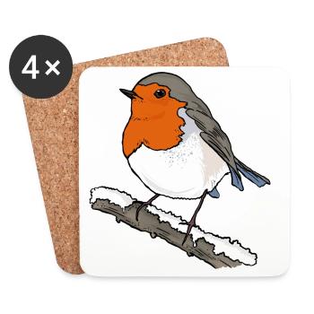 Robin sur la branche - Dessous de verre (lot de 4) - blanc - Devant