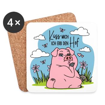 Bauernhof Bauer Schwein Küss mich Ich erb den Hof - Untersetzer (4er-Set) - Weiß - Vorne
