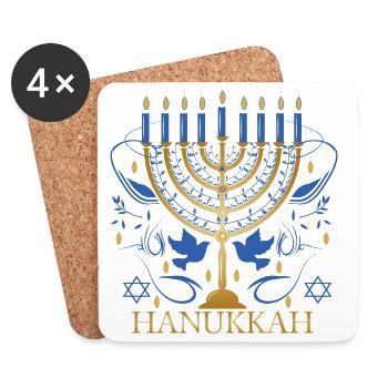 goldfarbener Hanukkah Leuchter mit zwei Tauben - Untersetzer (4er-Set) - Weiß - Vorne