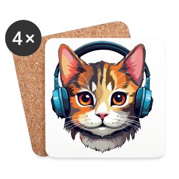 Cat with Headphones, Cat, Cat Lover, Cats - Coasters (set of 4) - white - Front
