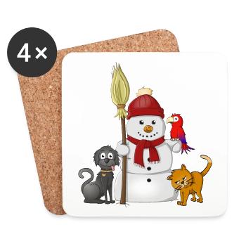 Bonhomme de neige avec écharpe rouge, chien, chat et perroquet - Dessous de verre (lot de 4) - blanc - Devant