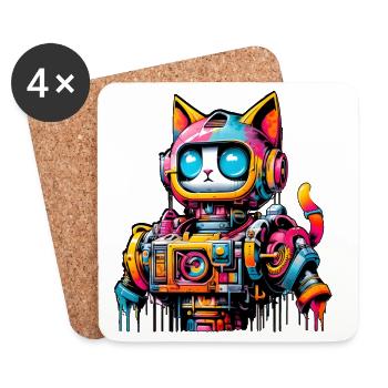 Katze gestaltet als Roboter im Comic Graffiti Stil - Untersetzer (4er-Set) - Weiß - Vorne
