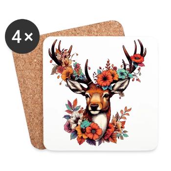 Hirsch mit Blumen - Untersetzer (4er-Set) - Weiß - Vorne