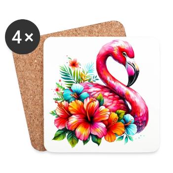 Flamingo verziert mit Hibiskusblüten - Untersetzer (4er-Set) - Weiß - Vorne