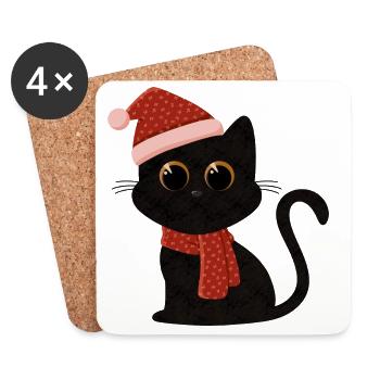 Chat Noël avec chapeau et écharpe - Dessous de verre (lot de 4) - blanc - Devant