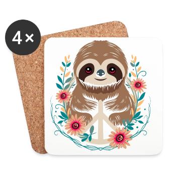 Sloth with peace sign and flowers - Coasters (set of 4) - white - Front