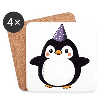 Pingouin heureux avec chapeau de fête - Cartoon Design - Dessous de verre (lot de 4) - blanc - Devant