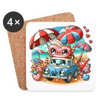 Cute Vintage Car and Heart on a Beach Holiday - Coasters (set of 4) - white - Front