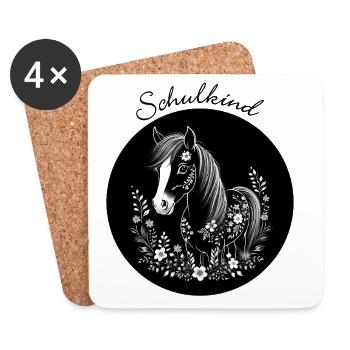 Pony mit Blumen - schwarz weiß – Schulkind - Untersetzer (4er-Set) - Weiß - Vorne