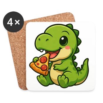 Cute Dino T-Rex Pizza Pizza Lover Cartoon - Coasters (set of 4) - white - Front