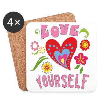 Love Yourself Herz mit kleinen Blüten - Untersetzer (4er-Set) - Weiß - Vorne