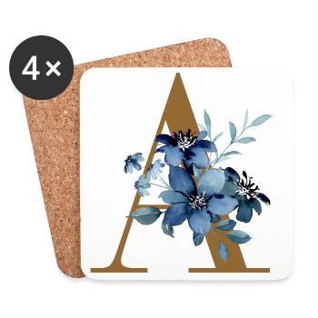 Floral A – Lettre dorée avec des fleurs - Dessous de verre (lot de 4) - blanc - Devant