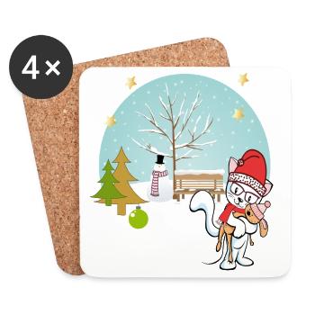 Chat avec ours en peluche en hiver - Dessous de verre (lot de 4) - blanc - Devant