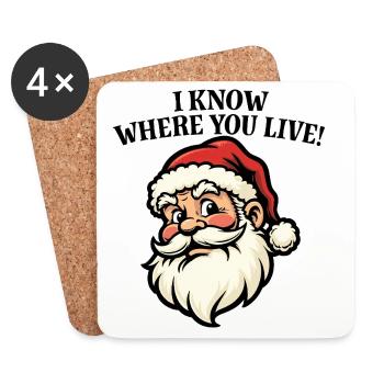 Ich weiß, wo du wohnst – Weihnachtsmann - Untersetzer (4er-Set) - Weiß - Vorne