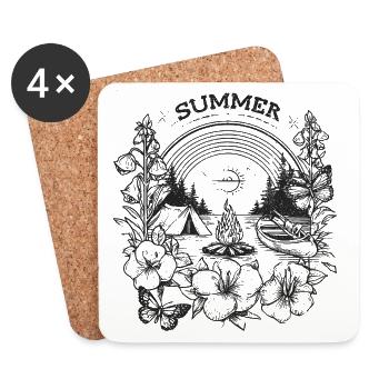 SUMMER - Camping Motiv mit Lagerfeuer und Kanu - Untersetzer (4er-Set) - Weiß - Vorne