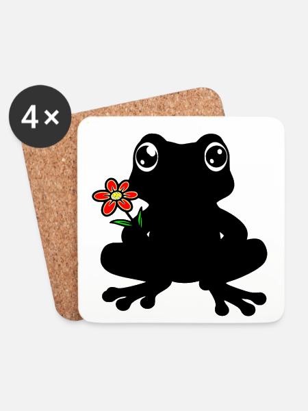 Frosch mit Blume- Schattenbild, Silhouette schwarz - Untersetzer (4er-Set) - Weiß