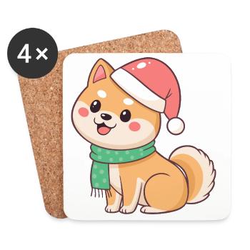 Shiba Noël en bonnet et écharpe - Dessous de verre (lot de 4) - blanc - Devant