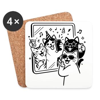 Party Cats Selfie Time with Cats in Front of the Mirror - Coasters (set of 4) - white - Front