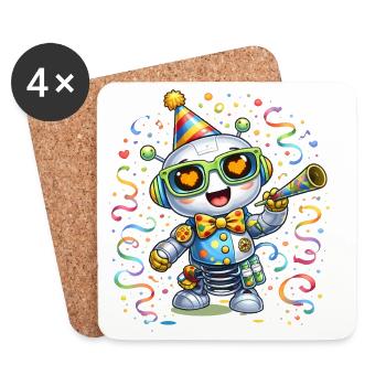Karnevalsroboter – Buntes Faschingsmotiv mit Party - Untersetzer (4er-Set) - Weiß - Vorne