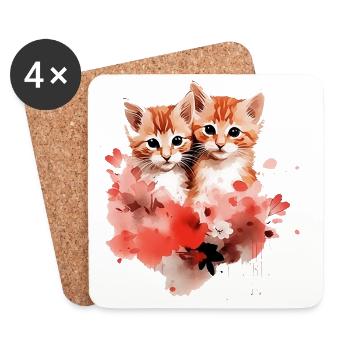 Fleurs de Duo de chatons aquarelle - Dessous de verre (lot de 4) - blanc - Devant