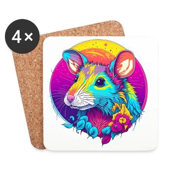Psychedelic Neon Rat with Flowers - Coasters (set of 4) - white - Front