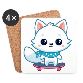 Weißer Fuchs auf blauem Skateboard - Untersetzer (4er-Set) - Weiß - Vorne