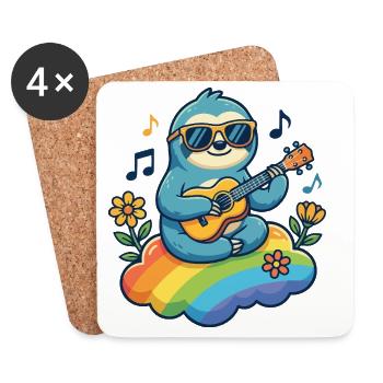 Hippie sloth with guitar on rainbow cloud - Coasters (set of 4) - white - Front