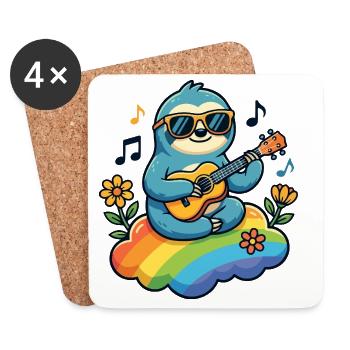 Faultier mit Gitarre auf Regenbogenwolke Hippie - Untersetzer (4er-Set) - Weiß - Vorne
