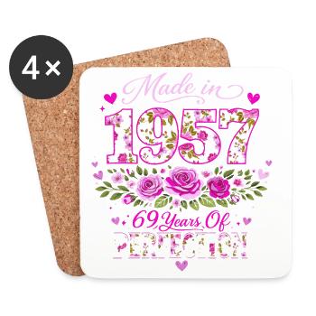 69 Years Woman Gift - 1957 Birthday Floral - Coasters (set of 4) - white - Front