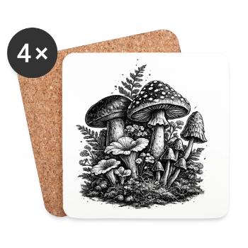 Vintage Forest Mushrooms Linocut - Coasters (set of 4) - white - Front