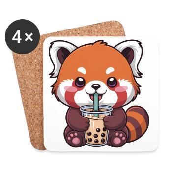Le panda rouge de Kawaii buvant du bubble tea - Dessous de verre (lot de 4) - blanc - Devant