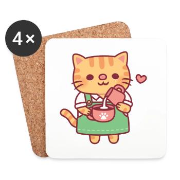 Chat roux mignon barista fabriquant un café latte art - Dessous de verre (lot de 4) - blanc - Devant