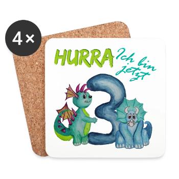 Dino, Geburtstag Hurra ich bin jetzt 3 Dinos - Untersetzer (4er-Set) - Weiß - Vorne