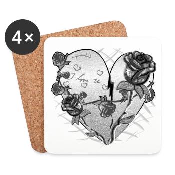 Coeur Forme Symbole Motif Roses Fleurs Paillettes - Dessous de verre (lot de 4) - blanc - Devant